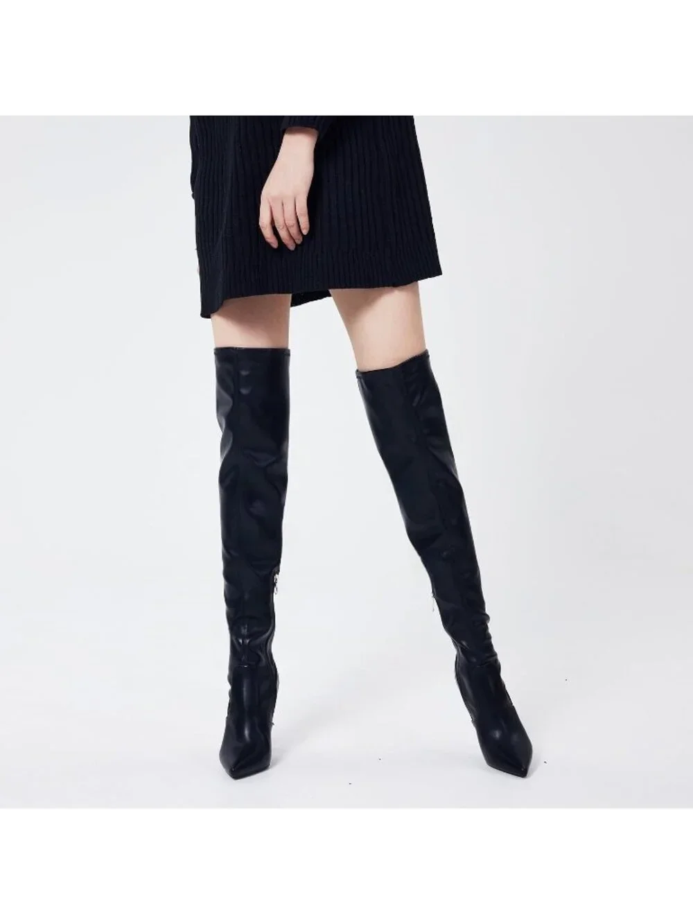 Women's Black Matte Pointed Toe Suede Stiletto Heel Stretch Over The Knee Boots